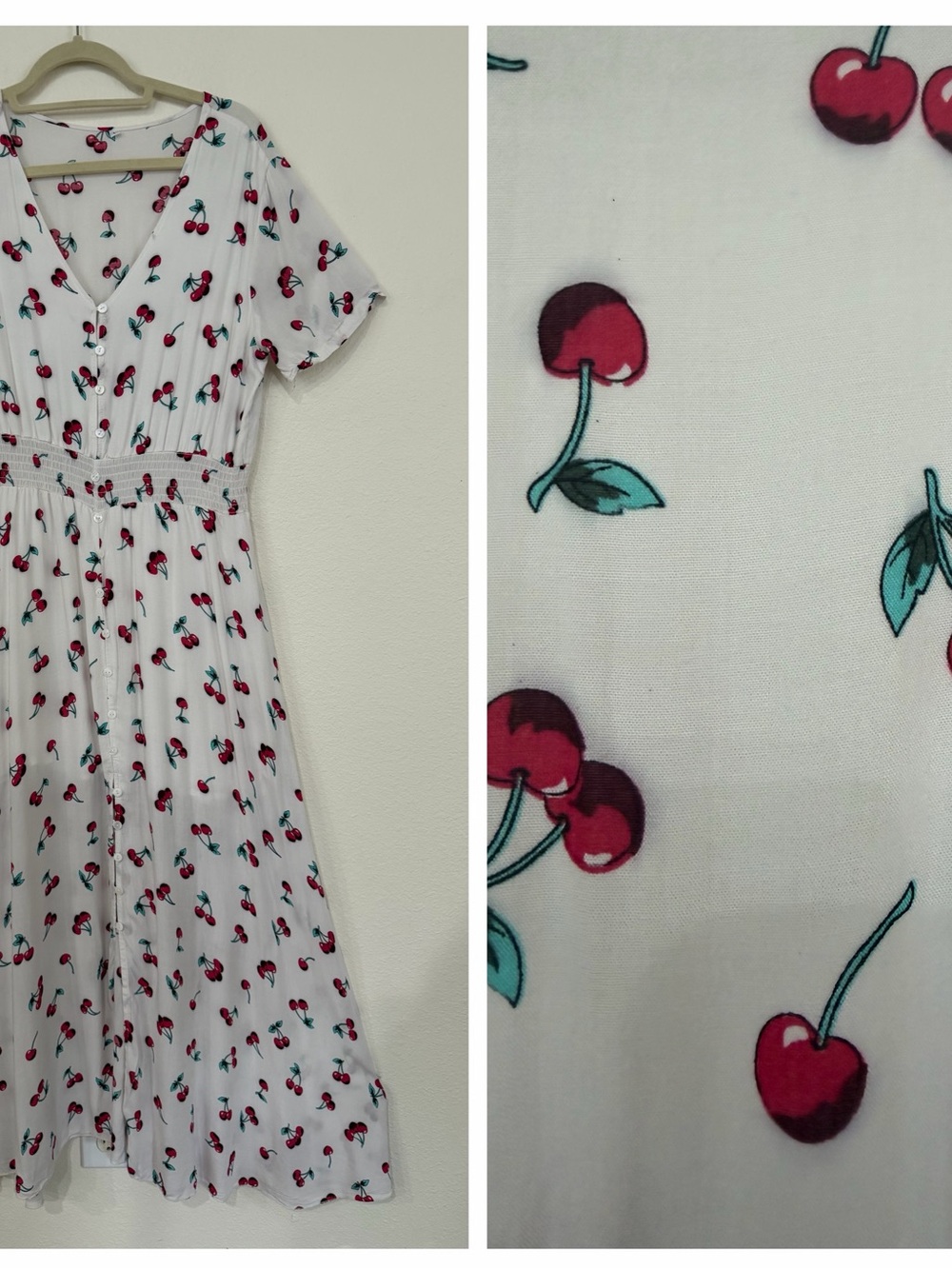 White Cherry-Print High-Low Viscose Dress   D016